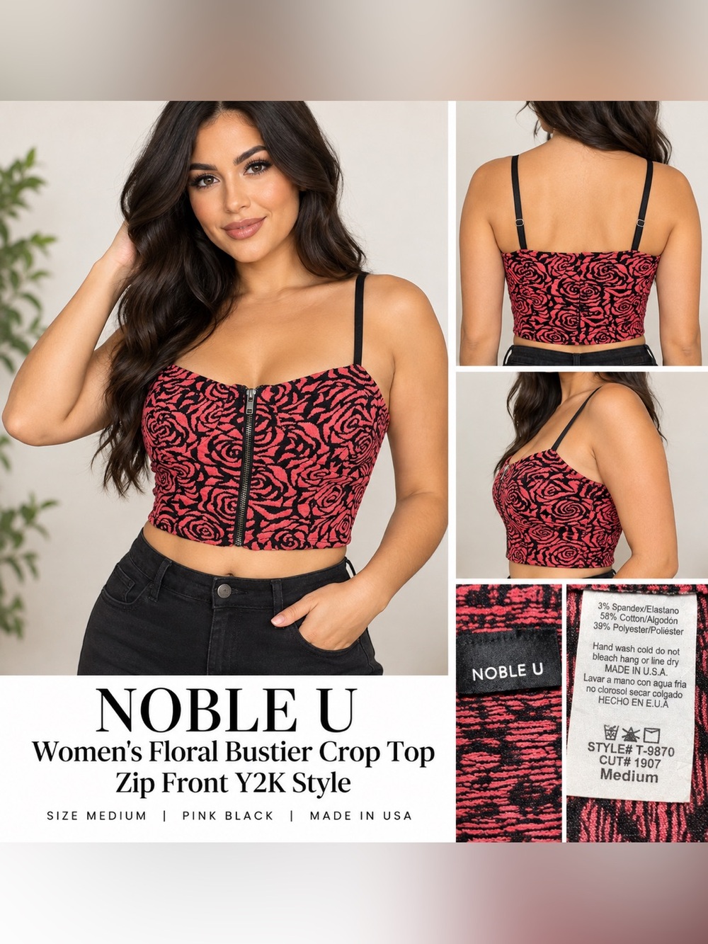 NOBLE U
Women's Floral Bustier Crop Top
Zip Front Y2K Style